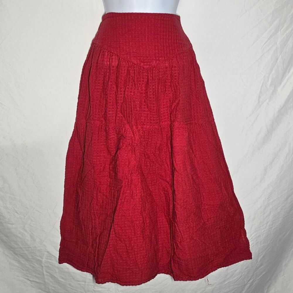 red cottage core whimsical waffle knit type a-line midi skirt
